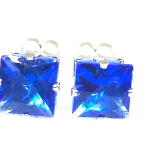 Sterling Silver Blue Square CZ Stud Earrings